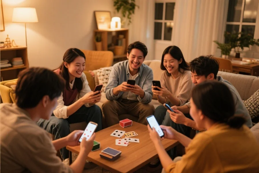 一群人围坐在温馨客厅中，通过手机一起参与扑克游戏，气氛轻松愉快，突出社交与互动